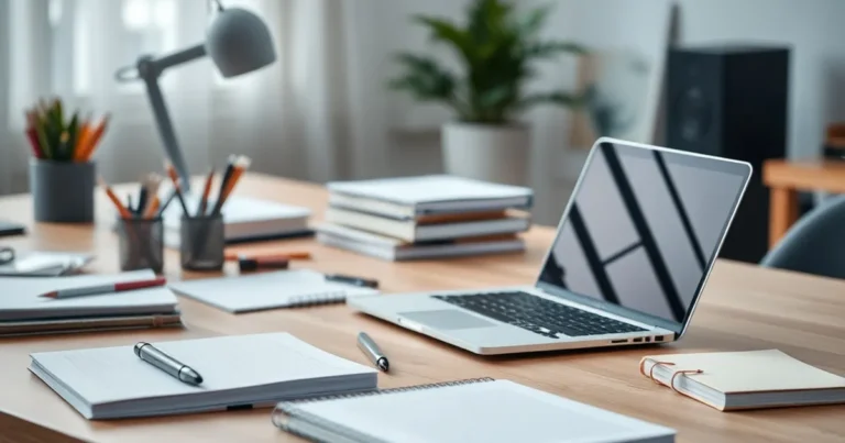 Espacio de trabajo moderno con materiales creativos y una computadora portátil.