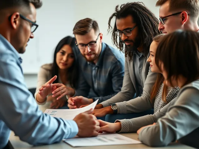 Grupo diverso analizando datos de investigación de mercado.