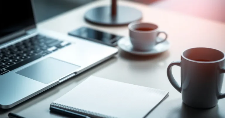 Espacio de trabajo moderno con laptop y café