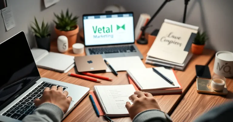 Espacio de trabajo de marketing digital con materiales creativos.