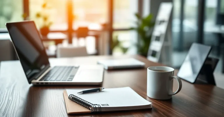 Espacio de trabajo moderno con laptop y café