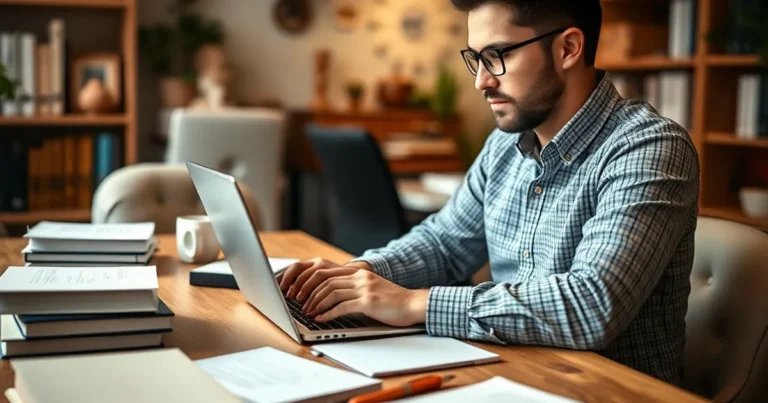 Fotografía profesional de una persona trabajando en una laptop en un entorno de oficina acogedor.