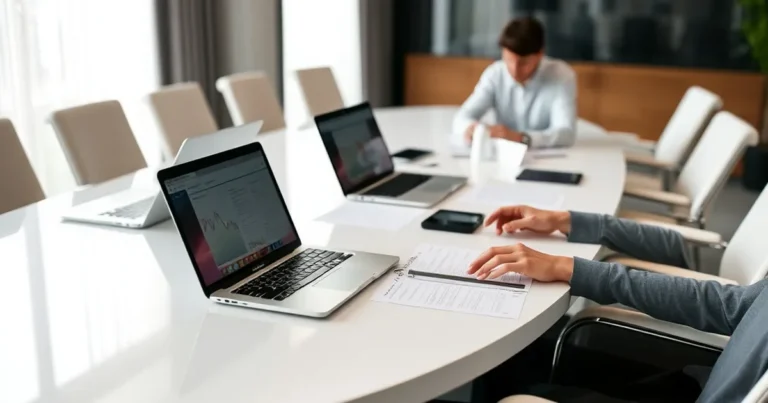 Reunión de estrategia de marketing online con documentos y laptops