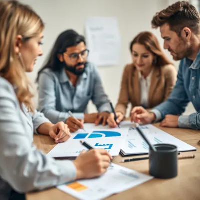 Equipo de negocio discutiendo estrategia de contenido