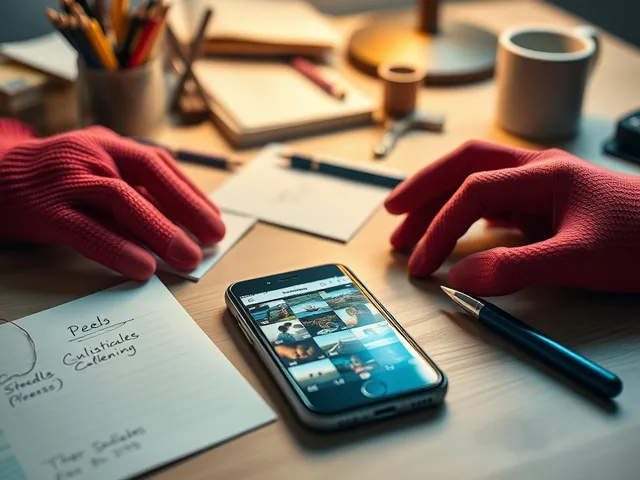 Espacio de trabajo creativo con un smartphone mostrando Reels