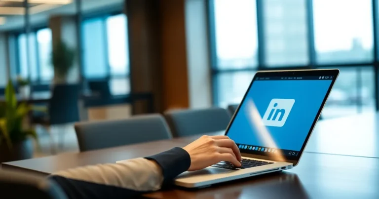 Persona utilizando LinkedIn en un entorno de oficina moderno.