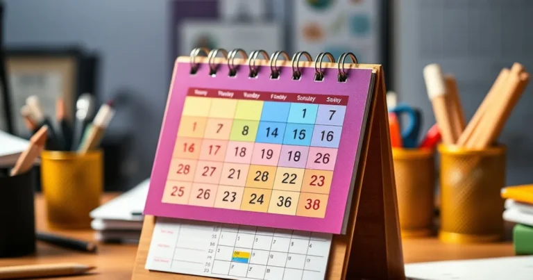 Calendario colorido sobre un escritorio de madera